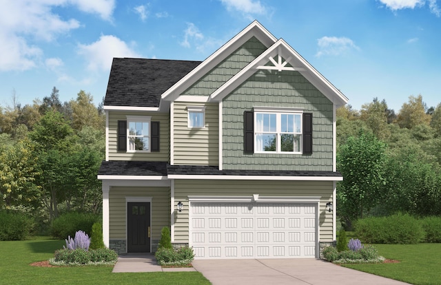 craftsman-style house featuring a garage, driveway, stone siding, and a front yard