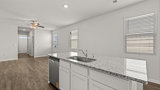 kitchen with a ceiling fan, a sink, white cabinetry, appliances with stainless steel finishes, and decorative backsplash