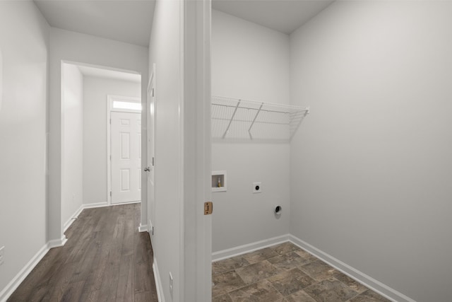 laundry room featuring baseboards, hookup for an electric dryer, laundry area, dark wood-style flooring, and washer hookup