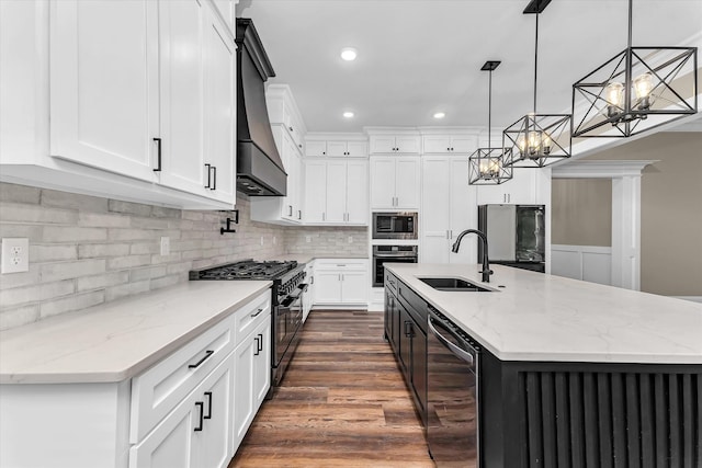 2120 Shell Point Ct, Harlem, GA 30814 - kitchen featuring stainless steel appliances, a sink, a chandelier, premium range hood, and recessed lighting