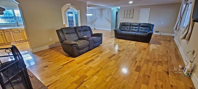 living room with a textured ceiling, light wood-type flooring, and ornamental molding