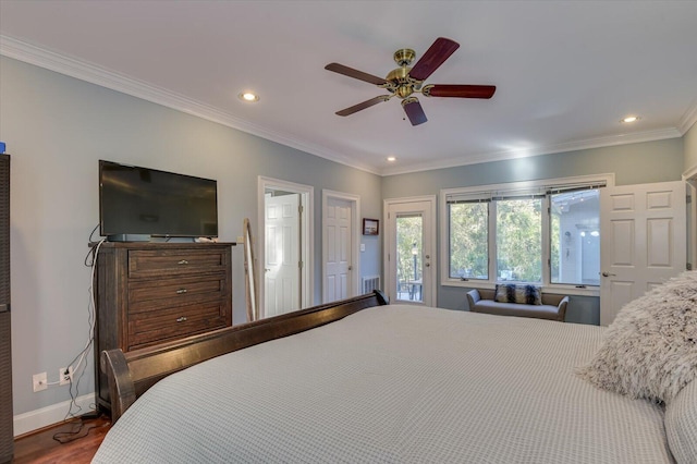 bedroom with recessed lighting, dark wood-style flooring, access to exterior, baseboards, and ornamental molding