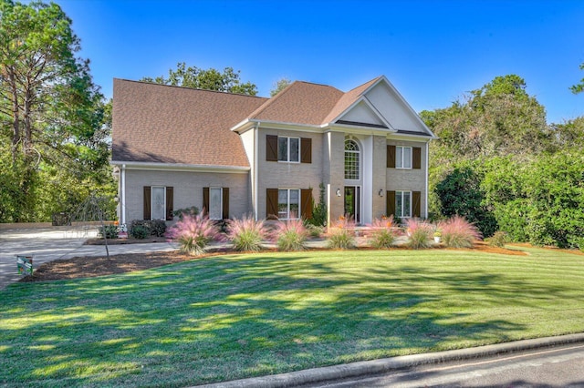 neoclassical home with a front yard