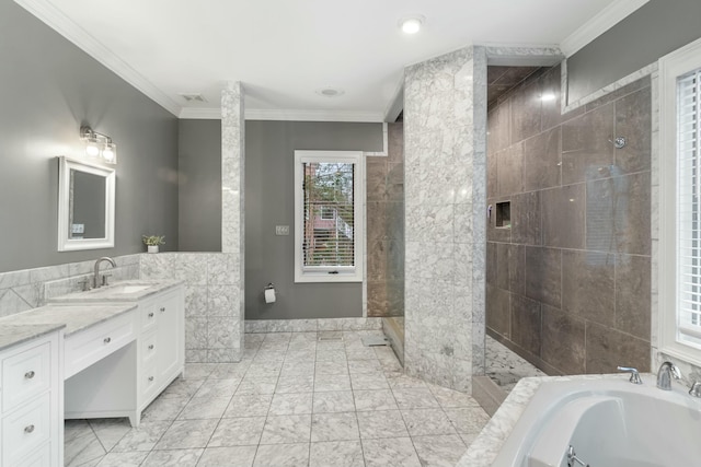 full bath with ornamental molding, a garden tub, and vanity