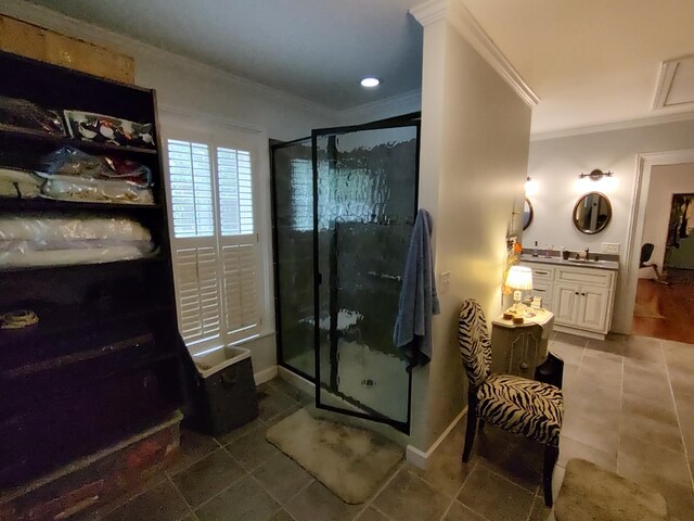 206 S Alexander Ave, Washington, GA 30673 - full bathroom with vanity, crown molding, and a stall shower