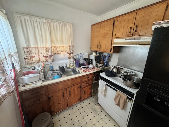 2916 Whistler Ln, Augusta, GA 30906 - kitchen with under cabinet range hood, white electric stove, light flooring, ornamental molding, and brown cabinets