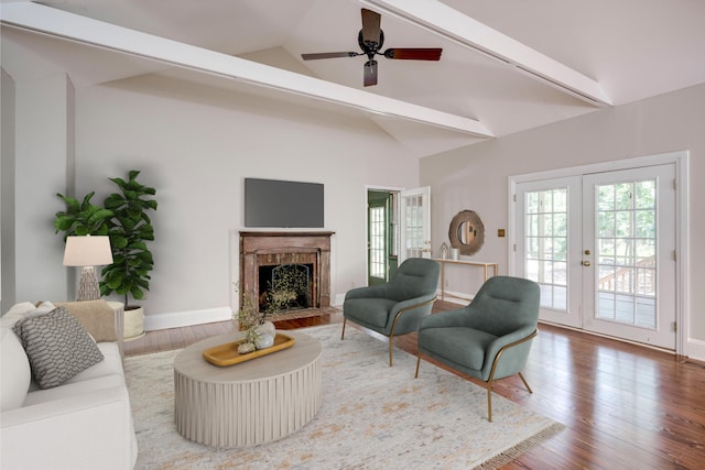 4142 Rivermont Dr, Evans, GA 30809 - living area with french doors, a fireplace with flush hearth, wood finished floors, a ceiling fan, and high vaulted ceiling