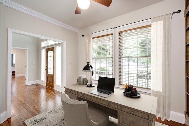 4142 Rivermont Dr, Evans, GA 30809 - home office featuring ornamental molding, a ceiling fan, wood finished floors, and plenty of natural light
