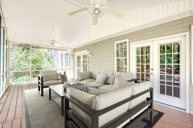4142 Rivermont Dr, Evans, GA 30809 - sunroom featuring a ceiling fan, french doors, outdoor lounge area, and vaulted ceiling