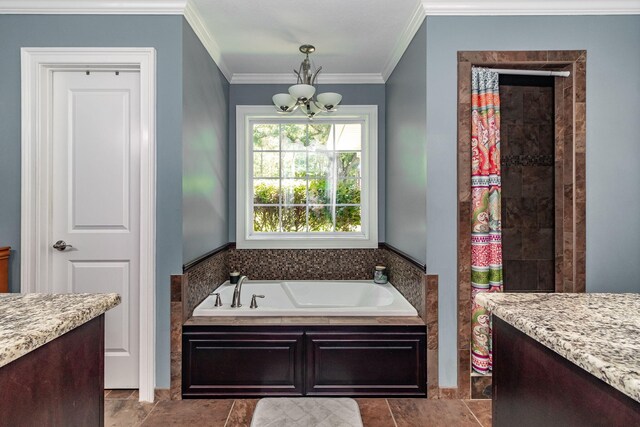 bathroom with a chandelier, vanity, crown molding, and a washtub