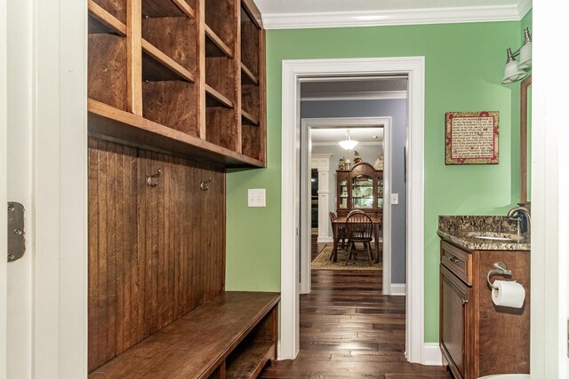 mudroom featuring dark hardwood / wood-style flooring, ornamental molding, and sink