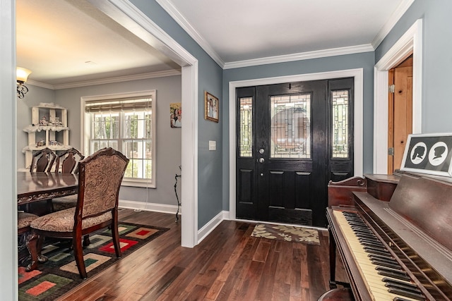 foyer with dark hardwood / wood-style floors and ornamental molding