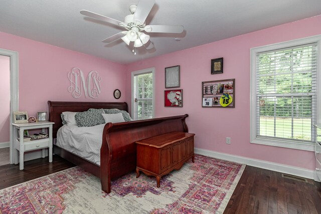 bedroom featuring hardwood / wood-style floors and ceiling fan