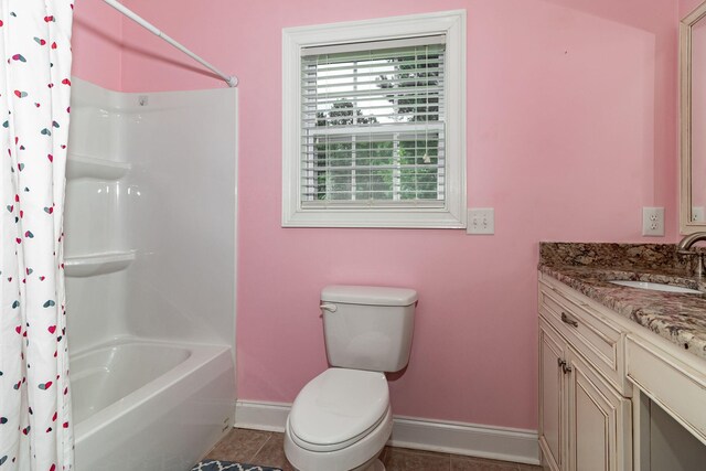 full bathroom with tile patterned flooring, shower / bath combination with curtain, toilet, and vanity