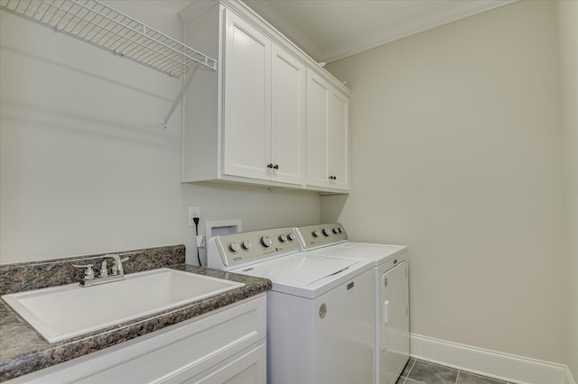 4315 Pierwood Way, Evans, GA 30809 - laundry area with washer and clothes dryer, cabinet space, tile patterned flooring, and crown molding