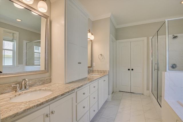 4315 Pierwood Way, Evans, GA 30809 - bathroom with a shower stall, double vanity, crown molding, marble look tile flooring, and recessed lighting