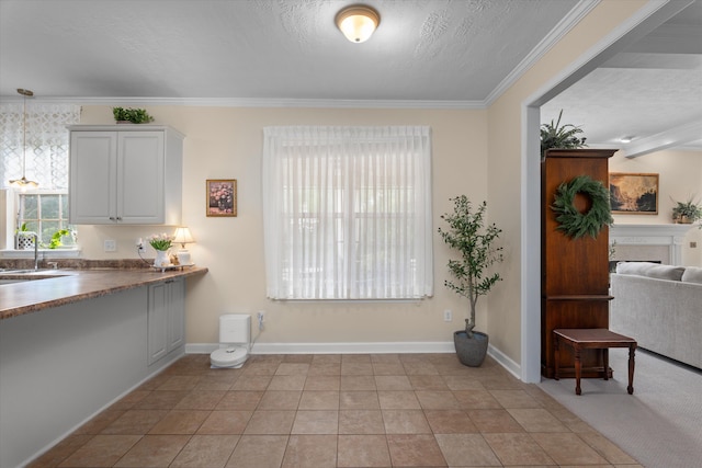 dining room with ornamental molding, a textured ceiling, baseboards, and a fireplace