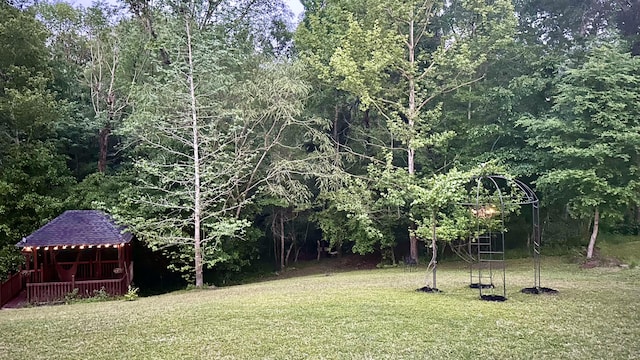 view of grassy yard featuring a wooded view