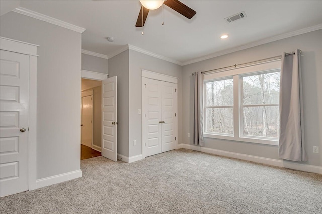 649 Bent Creek Dr, Evans, GA 30809 - unfurnished bedroom featuring baseboards, carpet floors, visible vents, and crown molding