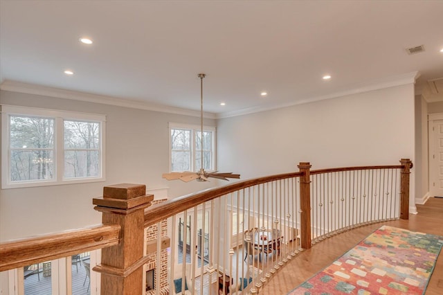 649 Bent Creek Dr, Evans, GA 30809 - hall with visible vents, baseboards, ornamental molding, recessed lighting, and wood finished floors