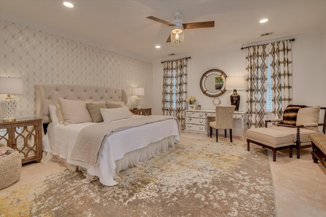 704 Summergate Ct, Augusta, GA 30909 - bedroom featuring wallpapered walls, crown molding, recessed lighting, carpet flooring, and ceiling fan