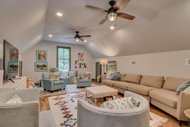 704 Summergate Ct, Augusta, GA 30909 - living room with light wood-style flooring, a ceiling fan, lofted ceiling, and recessed lighting