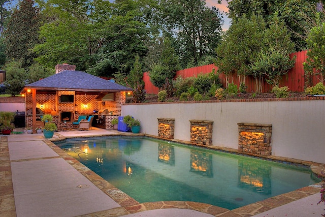 704 Summergate Ct, Augusta, GA 30909 - pool at dusk with a patio area, a fenced backyard, a brick fireplace, and a gazebo