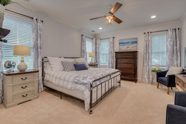 704 Summergate Ct, Augusta, GA 30909 - bedroom with ornamental molding, light colored carpet, recessed lighting, and a ceiling fan