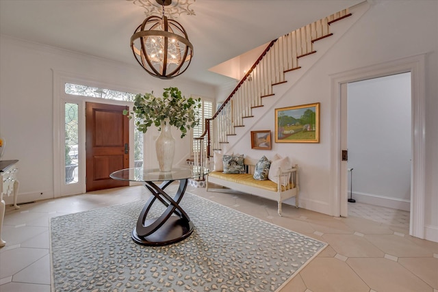 704 Summergate Ct, Augusta, GA 30909 - foyer entrance with stairs, light tile patterned floors, and a chandelier