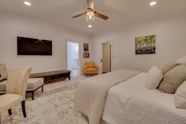 704 Summergate Ct, Augusta, GA 30909 - bedroom with crown molding, recessed lighting, connected bathroom, light carpet, and a ceiling fan