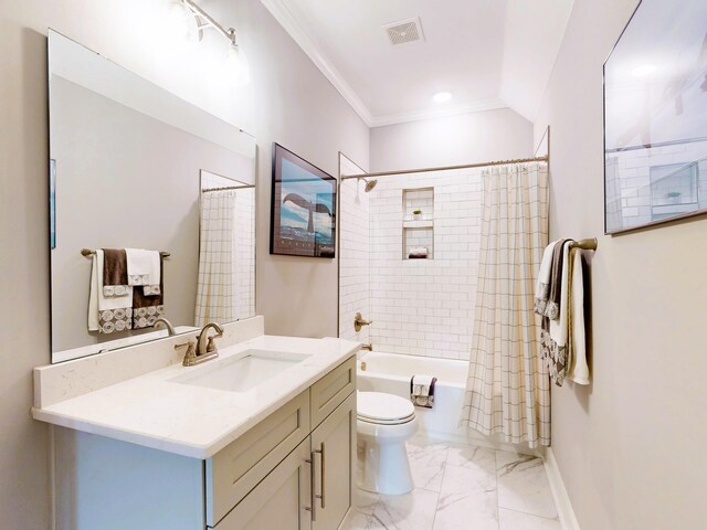 243 Walton Heath Way, Aiken, SC 29803 - full bath featuring toilet, ornamental molding, shower / bath combo with shower curtain, marble look tiles, and vanity