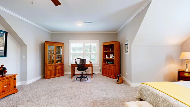 243 Walton Heath Way, Aiken, SC 29803 - bedroom with ornamental molding, light colored carpet, baseboards, a ceiling fan, and a desk