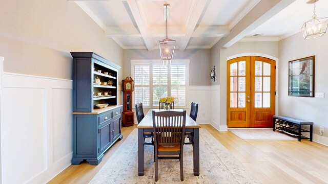 243 Walton Heath Way, Aiken, SC 29803 - dining space with beam ceiling, light wood finished floors, a decorative wall, ornamental molding, and coffered ceiling