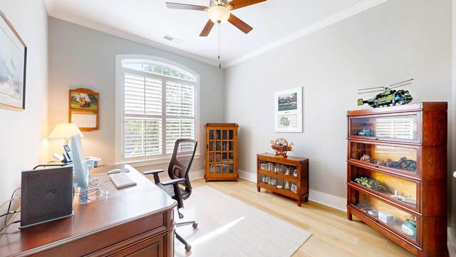 243 Walton Heath Way, Aiken, SC 29803 - home office with ceiling fan, light wood-style flooring, ornamental molding, and baseboards