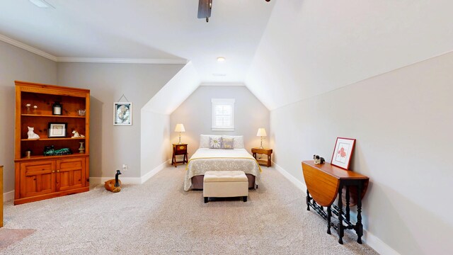 243 Walton Heath Way, Aiken, SC 29803 - carpeted bedroom with baseboards, vaulted ceiling, ornamental molding, and ceiling fan