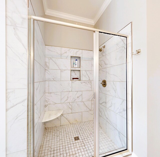 243 Walton Heath Way, Aiken, SC 29803 - bathroom featuring crown molding and a stall shower