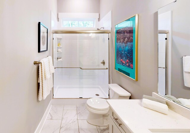 243 Walton Heath Way, Aiken, SC 29803 - bathroom with marble finish flooring, a stall shower, toilet, and vanity