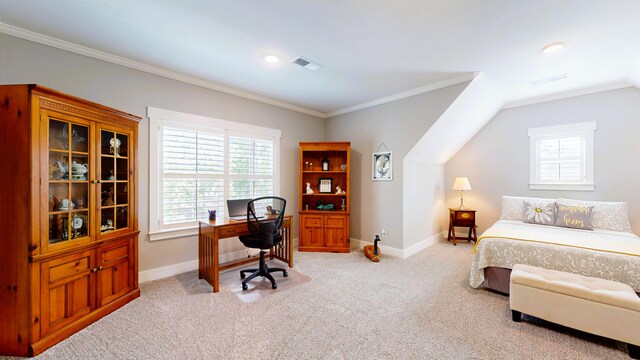 243 Walton Heath Way, Aiken, SC 29803 - bedroom featuring an office area, light carpet, baseboards, ornamental molding, and lofted ceiling