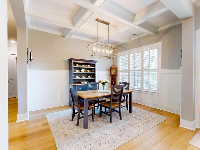 243 Walton Heath Way, Aiken, SC 29803 - dining room with beamed ceiling, a wainscoted wall, light wood-type flooring, coffered ceiling, and a decorative wall
