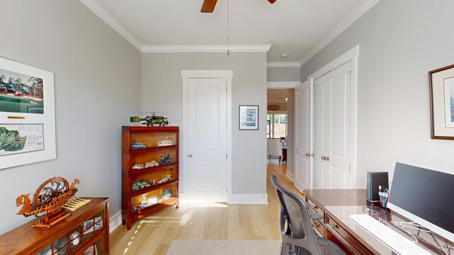 243 Walton Heath Way, Aiken, SC 29803 - office area with light wood-style flooring, a ceiling fan, ornamental molding, and baseboards