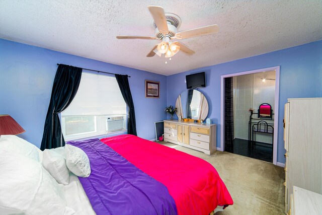 bedroom with carpet, ceiling fan, and a textured ceiling