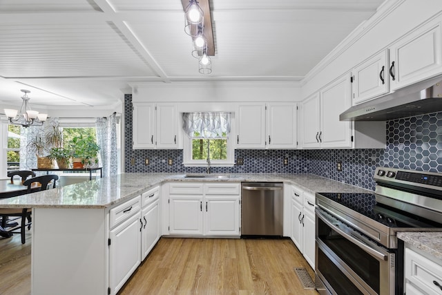 534 Creekridge Rd, Aiken, SC 29803 - kitchen featuring appliances with stainless steel finishes, a peninsula, a chandelier, under cabinet range hood, and decorative backsplash