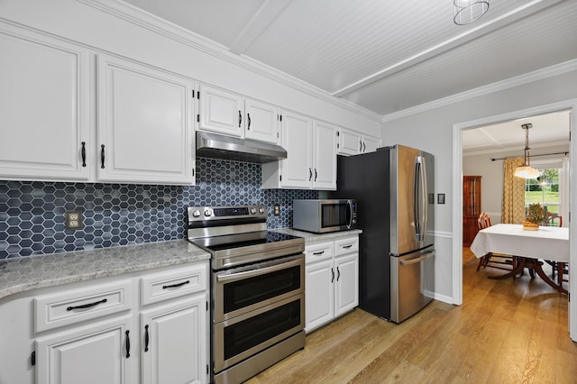 534 Creekridge Rd, Aiken, SC 29803 - kitchen featuring appliances with stainless steel finishes, under cabinet range hood, light wood-type flooring, tasteful backsplash, and crown molding