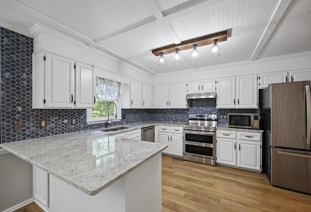 534 Creekridge Rd, Aiken, SC 29803 - kitchen featuring stainless steel appliances, under cabinet range hood, a peninsula, white cabinetry, and tasteful backsplash