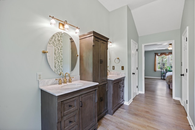 534 Creekridge Rd, Aiken, SC 29803 - full bathroom featuring two vanities, lofted ceiling, wood finished floors, ensuite bathroom, and ceiling fan
