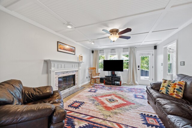 534 Creekridge Rd, Aiken, SC 29803 - living area featuring crown molding, a ceiling fan, a high end fireplace, and wood finished floors