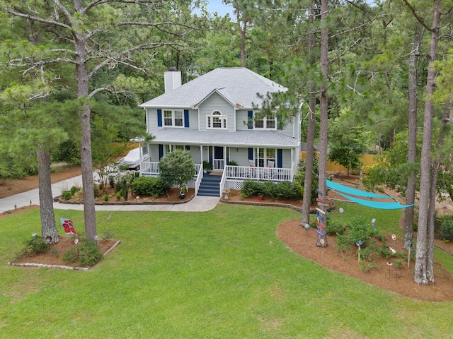 534 Creekridge Rd, Aiken, SC 29803 - view of front of property with a chimney, covered porch, a front lawn, and roof with shingles