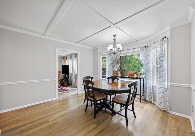 534 Creekridge Rd, Aiken, SC 29803 - dining area featuring a chandelier, light wood-type flooring, coffered ceiling, beamed ceiling, and ornamental molding