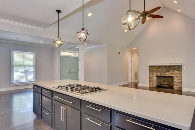 525 Brigham Trl, Augusta, GA 30909 - kitchen featuring open floor plan, a ceiling fan, stainless steel gas stovetop, light countertops, and dark wood-style flooring