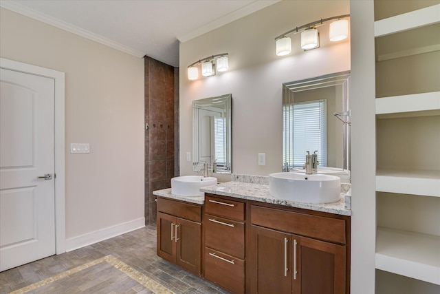 525 Brigham Trl, Augusta, GA 30909 - full bath with ornamental molding, two vanities, wood finished floors, tiled shower, and built in features